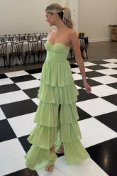 Dreamyannie Sweetheart Light Green Layered Ruffle Evening Dress With Slit Formal Evening Gown