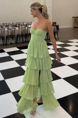 Dreamyannie Sweetheart Light Green Layered Ruffle Evening Dress With Slit Formal Evening Gown