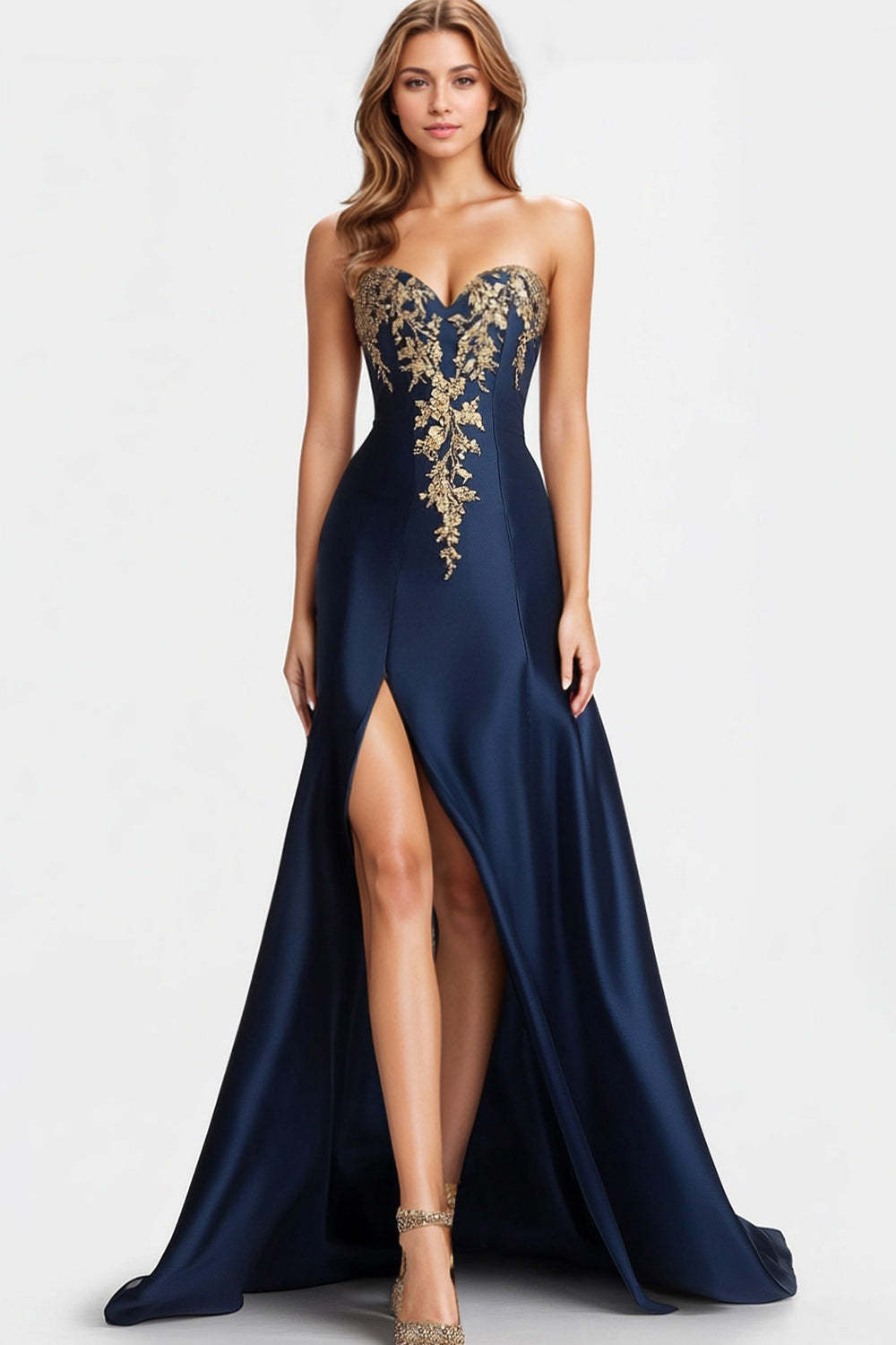 Dreamyannie Sweetheart Satin Beaded Navy Blue Wedding Guest Dress A Line Long Formal Dress With Slit