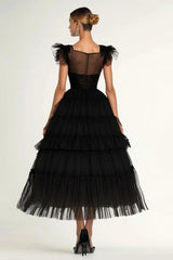 Dreamyannie Tea Length Black Wedding Guest Dress A-Line Flatter Sleeves Tulle Formal Dress With Ruffles