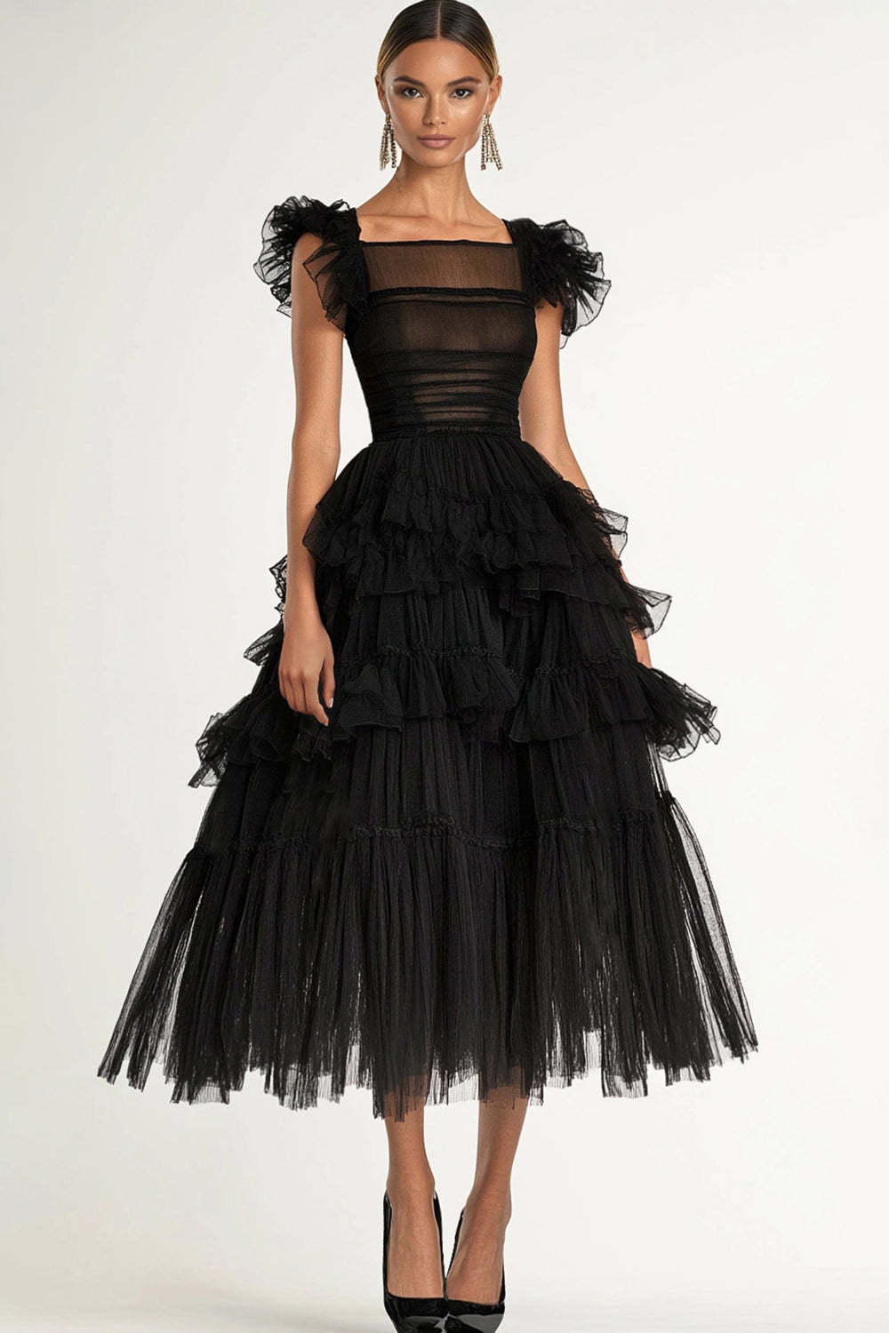 Dreamyannie Tea Length Black Wedding Guest Dress A-Line Flatter Sleeves Tulle Formal Dress With Ruffles
