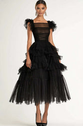 Dreamyannie Tea Length Black Wedding Guest Dress A-Line Flatter Sleeves Tulle Formal Dress With Ruffles