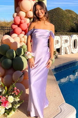 Dreamyannie Trendy Sheath Off The Shoulder Lilac Prom Dress With Ruched Formal Evening Gown
