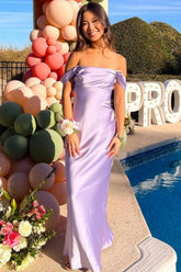 Dreamyannie Trendy Sheath Off The Shoulder Lilac Prom Dress With Ruched Formal Evening Gown
