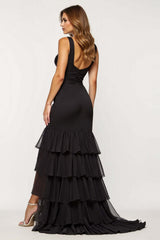Dreamyannie Tulle Tiered Black Wedding Guest Dress Sheath V-Neck Long Prom Dress