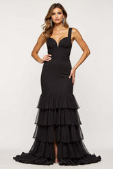 Dreamyannie Tulle Tiered Black Wedding Guest Dress Sheath V-Neck Long Prom Dress