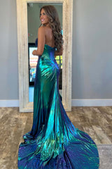 Dreamyannie Turquoise Prom Dress Mermaid Ruche Metallic Long Evening Dress With Slit