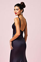 Dreamyannie V-Neck Backless Navy Wedding Guest Dress Sheath Long Formal Dress