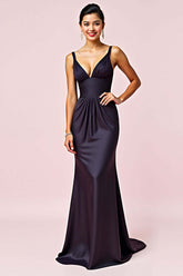 Dreamyannie V-Neck Backless Navy Wedding Guest Dress Sheath Long Formal Dress