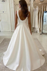 Dreamyannie V Neck Beach Wedding Dress A Line Satin Bridal Dress