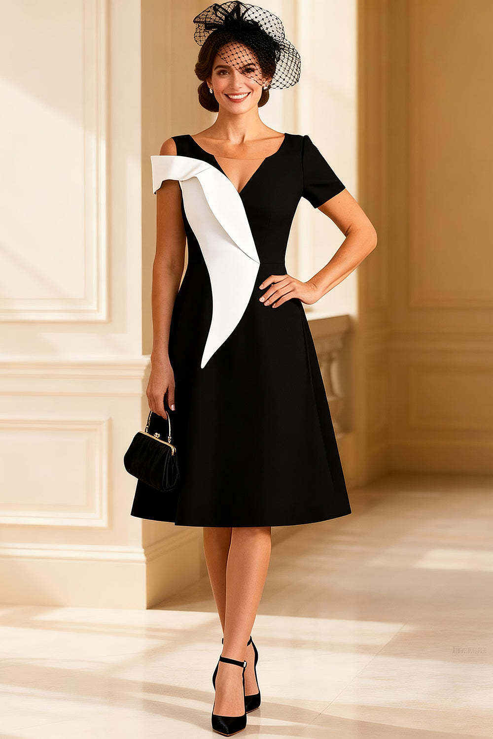 Dreamyannie V Neck Black And White A Line Midi Mother Of The Bride Dress