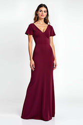 Dreamyannie V-Neck Burgundy Wedding Guest Dress Short Sleeves Long Formal Dress