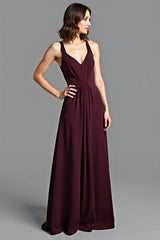 Dreamyannie V-Neck Cabernet A Line Long Formal Dress