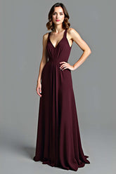 Dreamyannie V-Neck Cabernet A Line Long Formal Dress