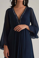 Dreamyannie V-Neck Chiffon Navy Wedding Guest Dress Deep Long Formal Dress With Sleeves