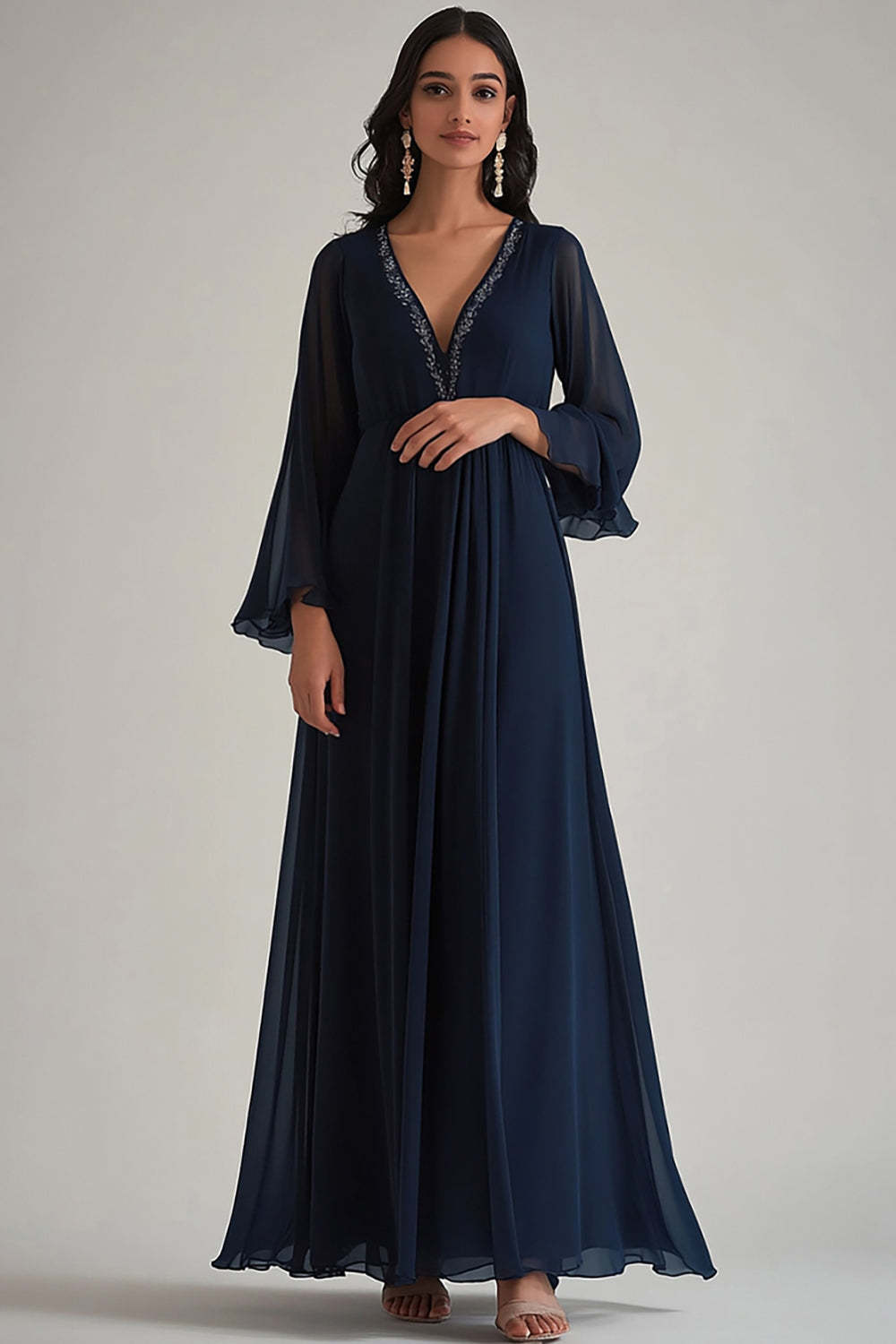 Dreamyannie V-Neck Chiffon Navy Wedding Guest Dress Deep Long Formal Dress With Sleeves