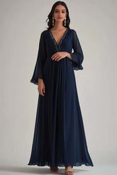 Dreamyannie V-Neck Chiffon Navy Wedding Guest Dress Deep Long Formal Dress With Sleeves