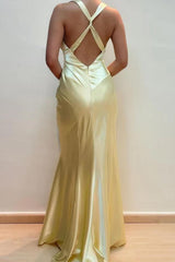 Dreamyannie V-Neck Cross Back Yellow Satin Prom Gown With Ruched Detailing Formal Evening Gown