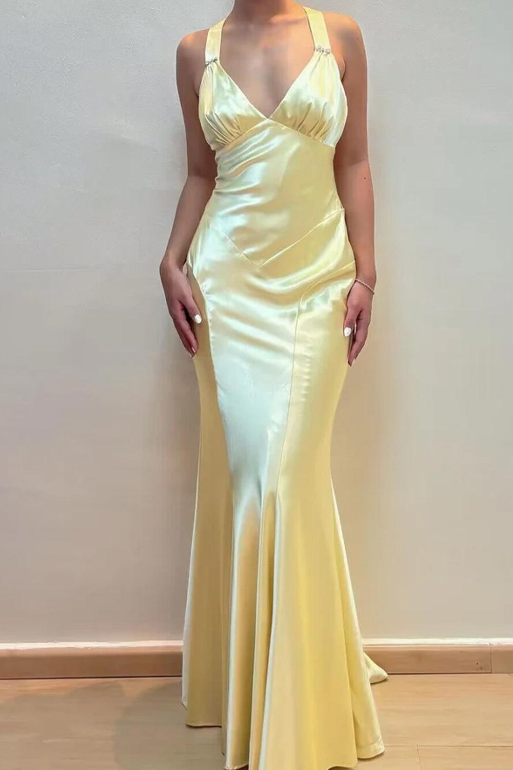 Dreamyannie V-Neck Cross Back Yellow Satin Prom Gown With Ruched Detailing Formal Evening Gown