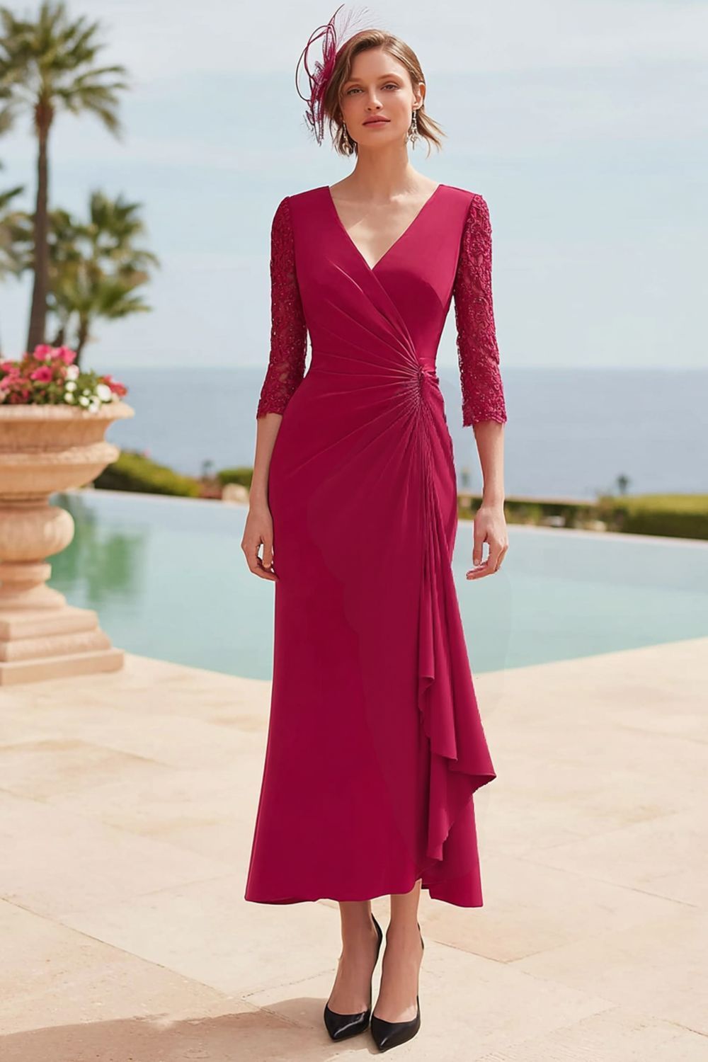Dreamyannie V Neck Dark Red Mermaid Long Mother Of The Bride Dress With Lace