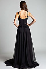Dreamyannie V-Neck Long Black Wedding Guest Dress A Line Formal Dress With Slit