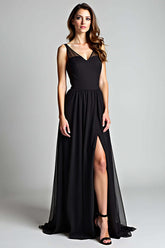 Dreamyannie V-Neck Long Black Wedding Guest Dress A Line Formal Dress With Slit