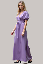 Dreamyannie V-Neck Long Purple Wedding Guest Dress Satin Formal Dress With Short Sleeves