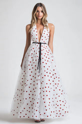 Dreamyannie V-Neck Long White Tulle A Line Formal Dress With Polka Dots