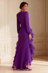 Dreamyannie V Neck Purple Ruffled Asymmetrical Mother Of The Bride Dress With Slit