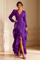Dreamyannie V Neck Purple Ruffled Asymmetrical Mother Of The Bride Dress With Slit