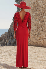 Dreamyannie V Neck Red Ruched Long Mother Of The Bride Dress With Lace