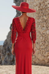 Dreamyannie V Neck Red Ruched Long Mother Of The Bride Dress With Lace