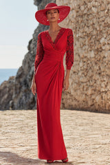 Dreamyannie V Neck Red Ruched Long Mother Of The Bride Dress With Lace