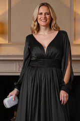 Dreamyannie V Neck Satin Black Floor Length Mother Of The Bride Dress With Slit