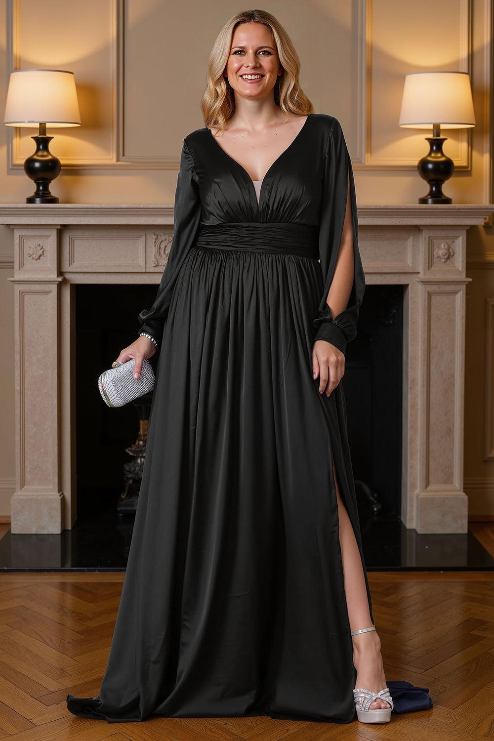 Dreamyannie V Neck Satin Black Floor Length Mother Of The Bride Dress With Slit