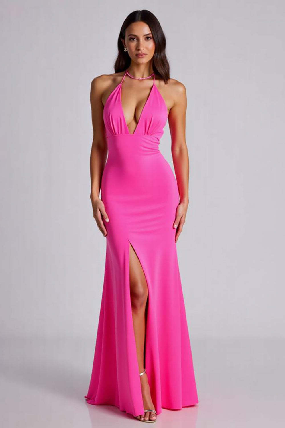 Dreamyannie V-Neck Satin Fuchsia Wedding Guest Dress Mermaid Long Formal Dress With Slit