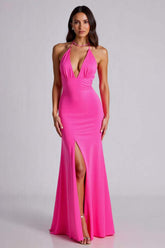 Dreamyannie V-Neck Satin Fuchsia Wedding Guest Dress Mermaid Long Formal Dress With Slit