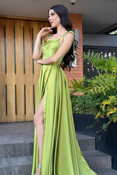 Dreamyannie Vintage A Line Satin Off The Shoulder Sleeveless Green Prom Dress Evening Dress With Slit