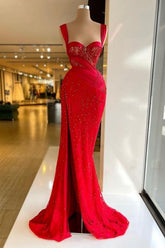Dreamyannie Vintage Column Prom Dress Satin Sweetheart Sleeveless Red Formal Dress With Split