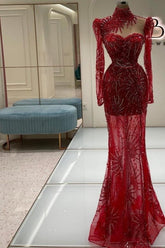 Dreamyannie Vintage Column Prom Dress Tulle Sweetheart Sleeve Red Formal Dress With Appliques