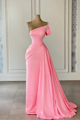 Dreamyannie Vintage Column Satin Off The Shoulder Sleeveless Pink Prom Dress Evening Dress With Rhinestone