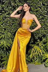 Dreamyannie Vintage Column Satin V Neck Sleeveless Yellow Evening Dress With Slit