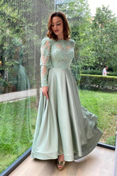 Dreamyannie Vintage Light Green Prom Dress High Neck A Line Sleeves Floor Length Slit Satin Formal Dress
