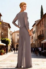 Dreamyannie Vintage Mauve Chiffon Bateau Neck 2 Piece Mother Of The Bride Jumpsuits With Jacket