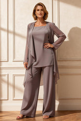 Dreamyannie Vintage Mauve Round Neck Chiffon 3 Piece Mother Of The Bride Pant Suits With Jacket