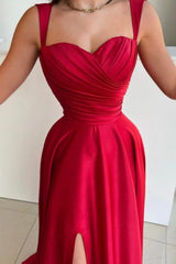 Dreamyannie Vintage Red Prom Dress A Line Satin Pleated Sleeveless Evening Dress With Slit