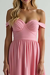 Dreamyannie Watermelon A Line Satin Off The Shoulder Long Bridesmaid Dress