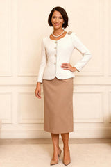 Dreamyannie White 2 Piece Pencil Tea Length Mother Of The Bride Dress With 3D Flower