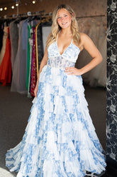 Dreamyannie White Blue Prom Dress A Line Corset Ruffled Floral Long Formal Dress