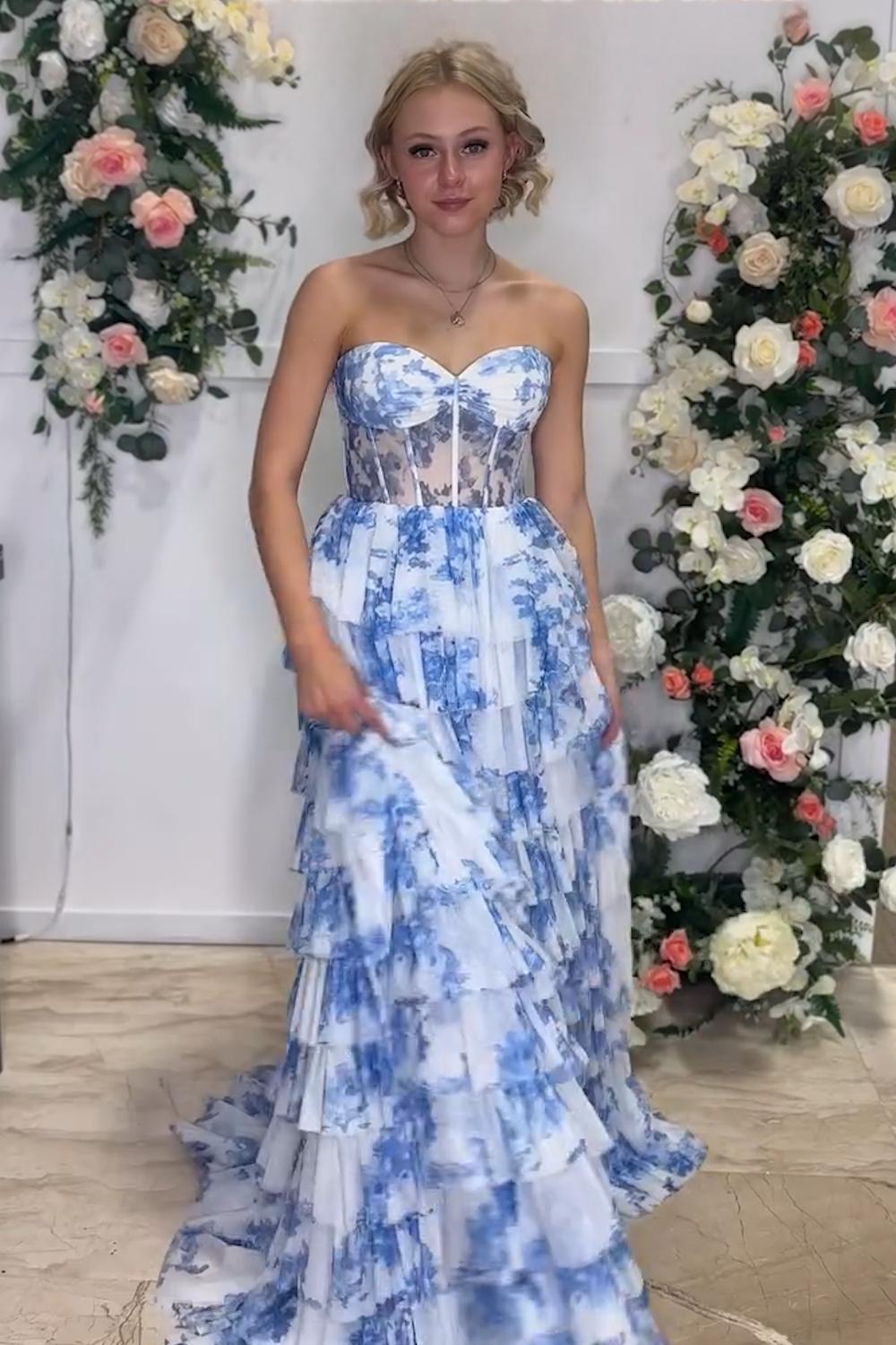 Dreamyannie White Blue Prom Dress Flower Sweetheart Tiered A-Line Long Evening Dress